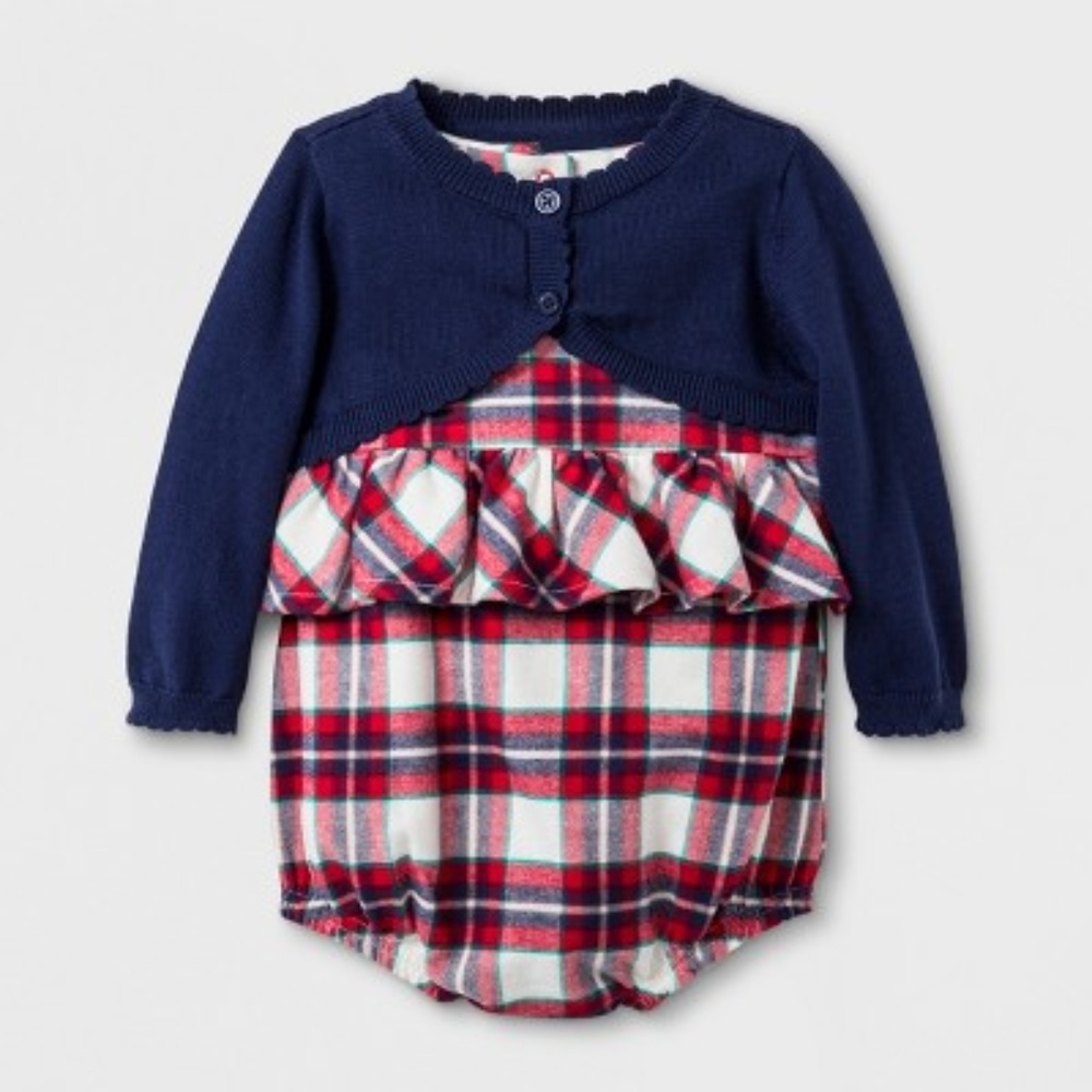 2pc Scallop Sweater and Sleeveless Plaid Romper